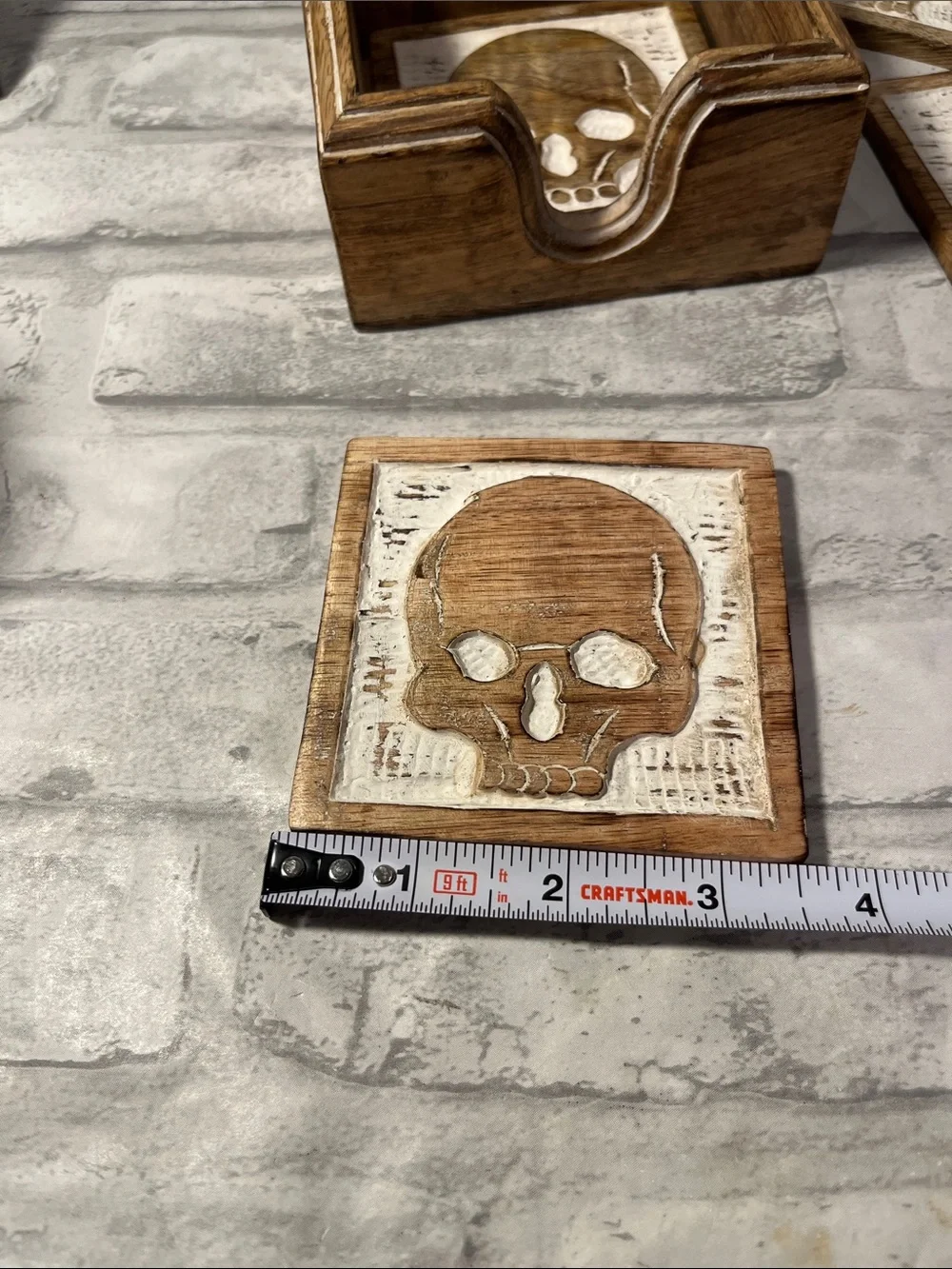 Handcrafted Wooden Skull drink Coaster Set of 5 with Holder - Brown & White